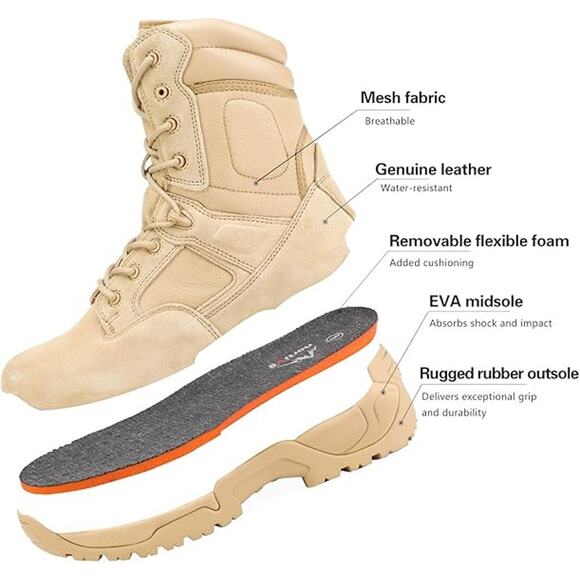 NORTIV 8 Mens Military Tactical Work Boots Hiking Side Zip Leather, Sand, 12